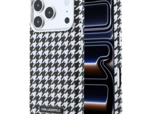 Karl Lagerfeld PU Houndstooth Resin Plate Apple iPhone 17 Pro mágneses tok, MagSafe, fekete-fehér