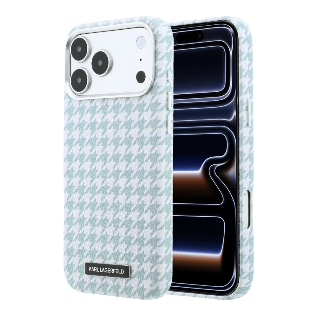 Karl Lagerfeld PU Houndstooth Resin Plate Apple iPhone 17 Pro mágneses tok, MagSafe, kék-fehér