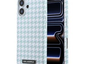 Karl Lagerfeld PU Houndstooth Resin Plate Apple iPhone 17 mágneses tok, MagSafe, kék-fehér