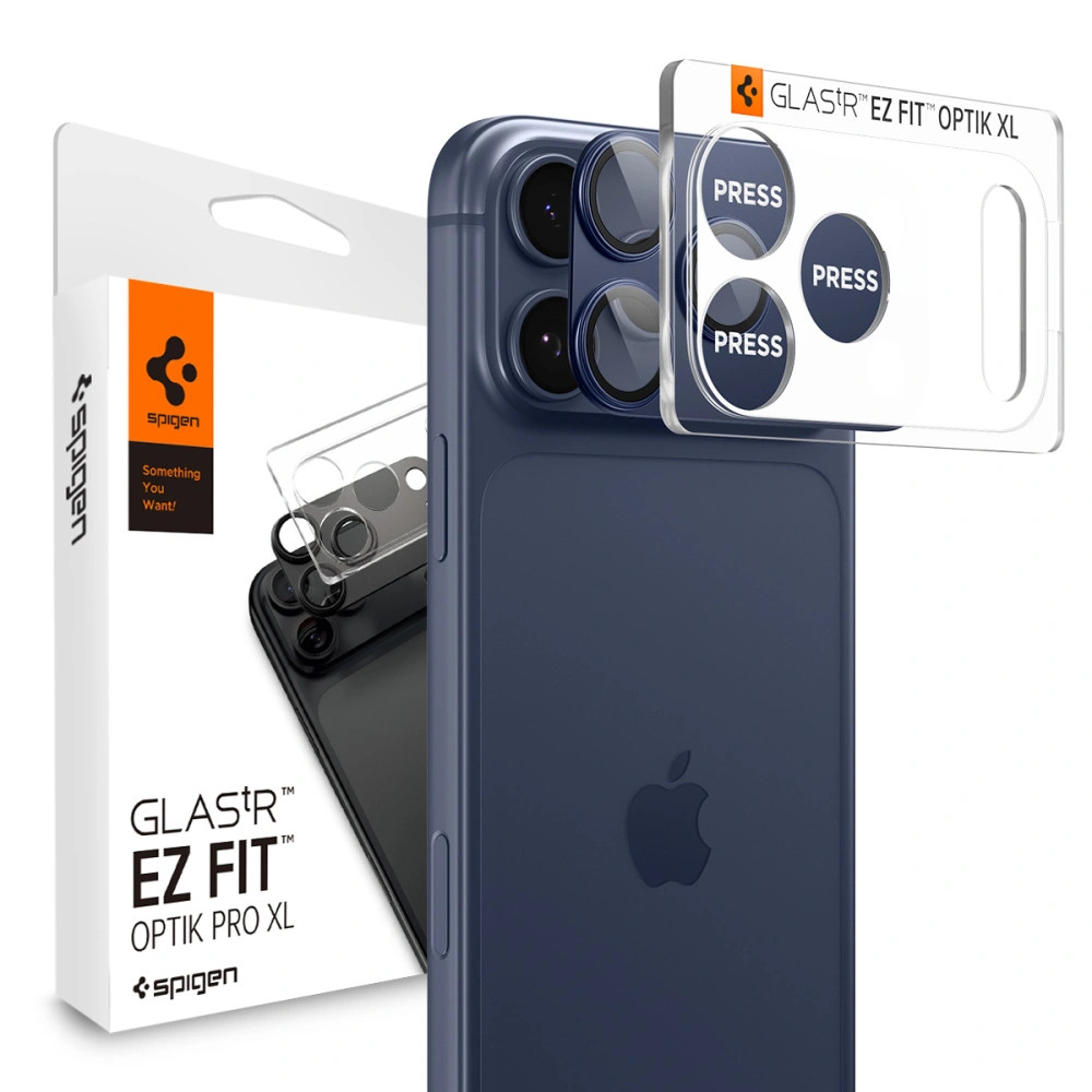Spigen Glas.tR EZ Fit Apple iPhone 17 Pro Max tempered glass kameravédő üvegfólia felhelyező kerettel, kék