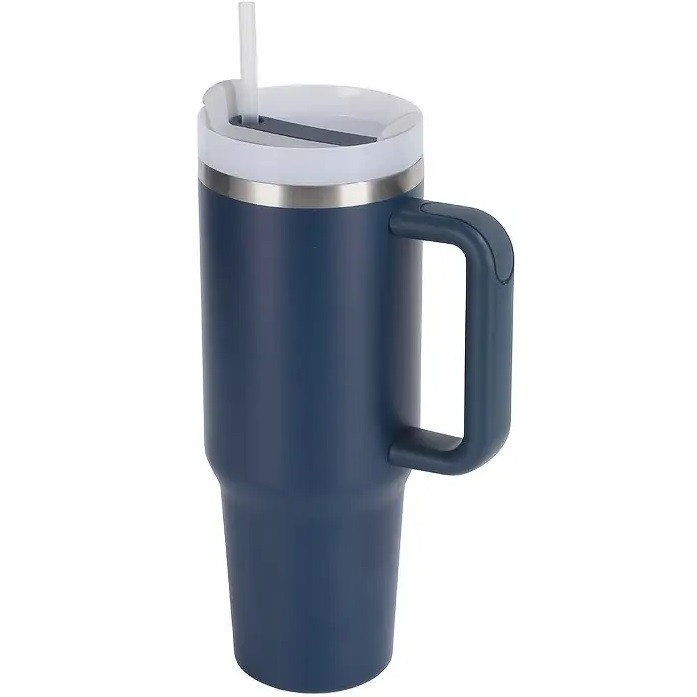 Prémium fémfalú utazó termosz + pohár, 1200 ml, hőtartó, szívószállal, fogantyúval, Tumbler, sötétkék