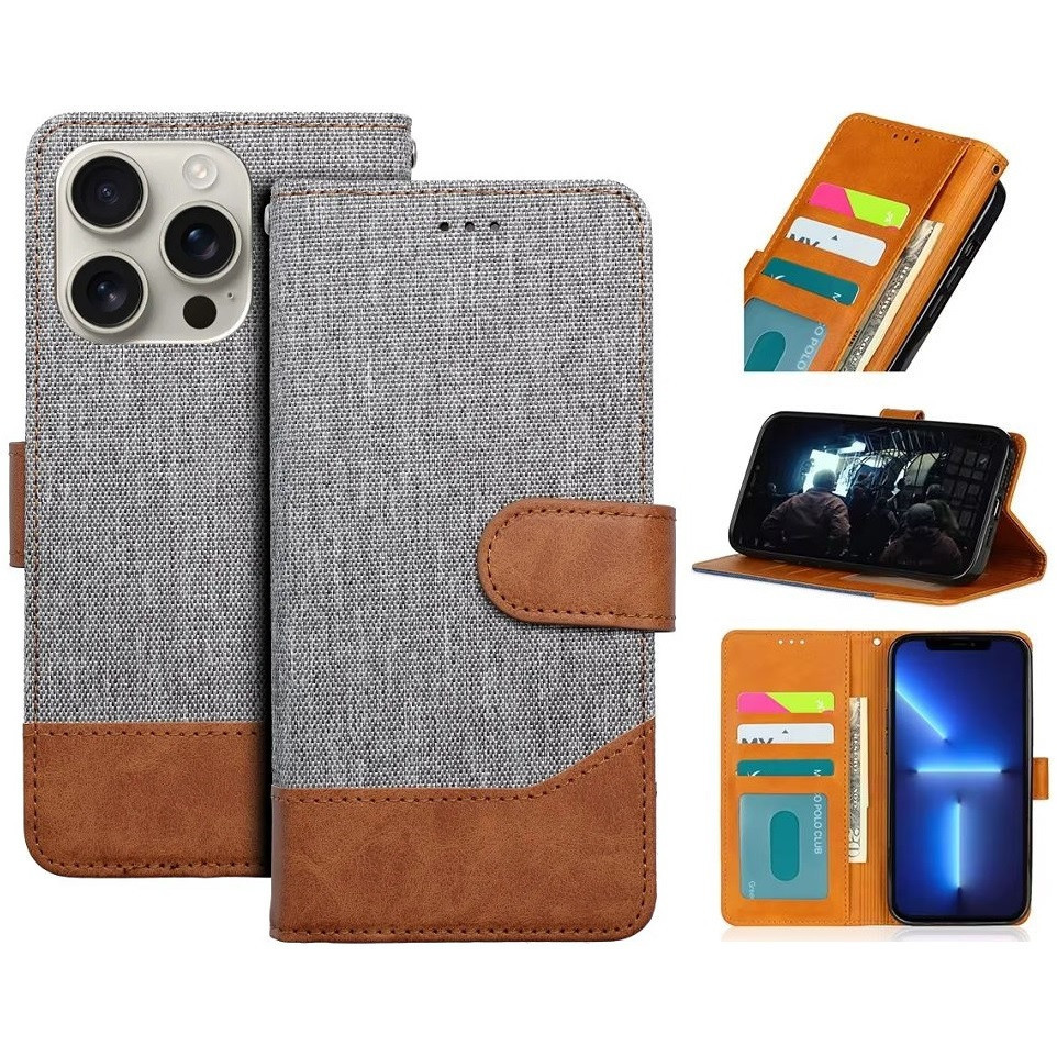 Apple iPhone Air (2025), Oldalra nyíló tok, stand, kártyatartóval, farmer minta, Jeans Book, szürke