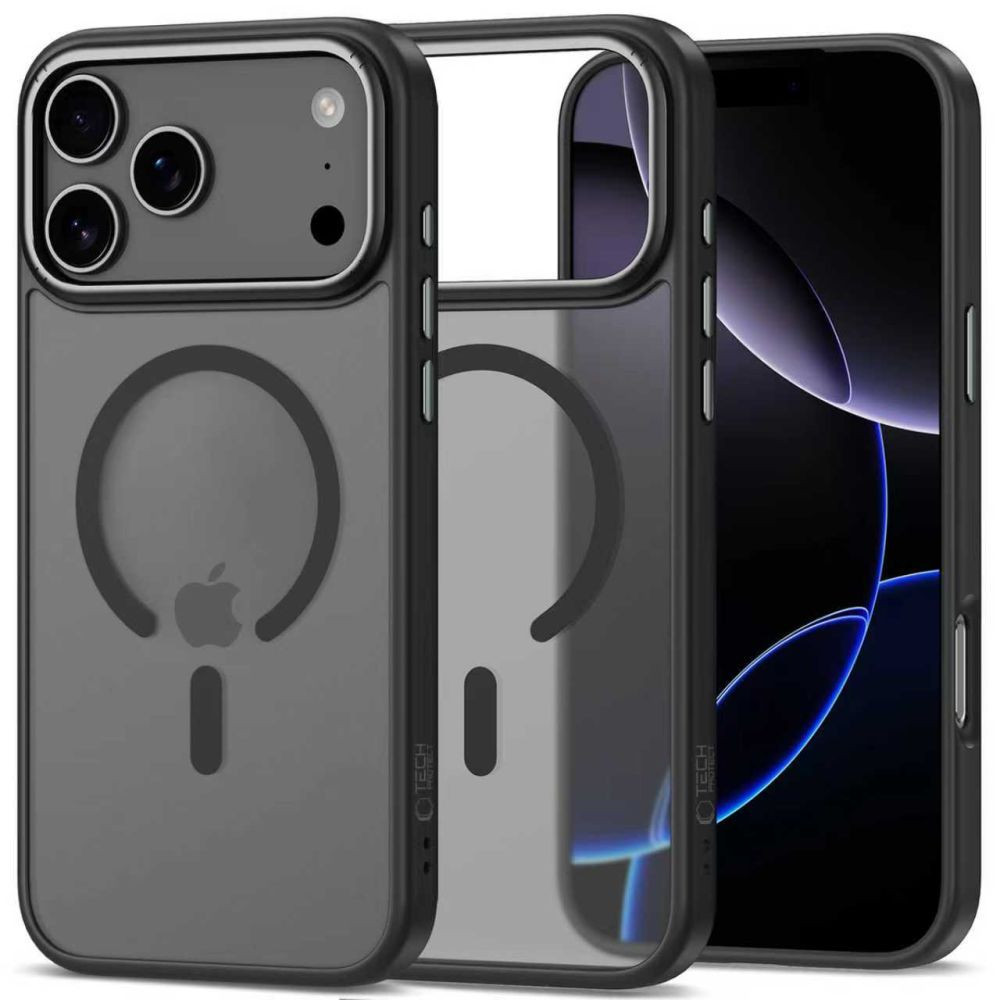 Apple iPhone 17 Pro, Műanyag hátlap védőtok + szilikon keret, Magsafe töltővel kompatibilis, Magedge Magsafe, áttetsző/fekete