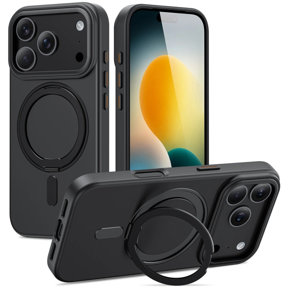 Apple iPhone 17 Pro, Műanyag hátlap védőtok + szilikon keret, kitámasztóval, ujjtámasz, Magsafe töltővel kompatibilis, Magring Magsafe, áttetsző/fekete
