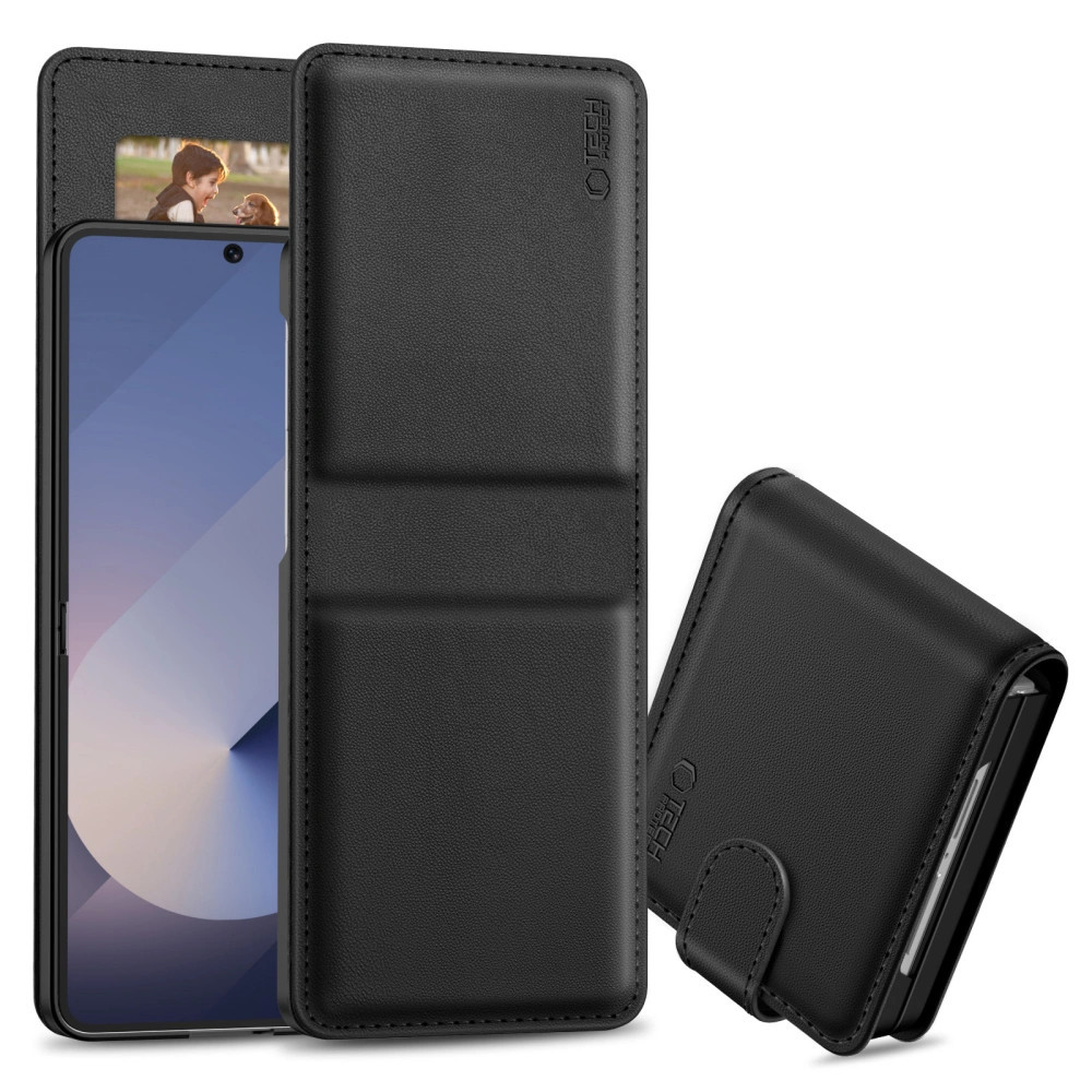 Samsung Galaxy Z Flip6 / Z Flip7 FE SM-F741B / F761B, Oldalra nyíló tok, stand, mágnes csattal, TP Wallett, fekete
