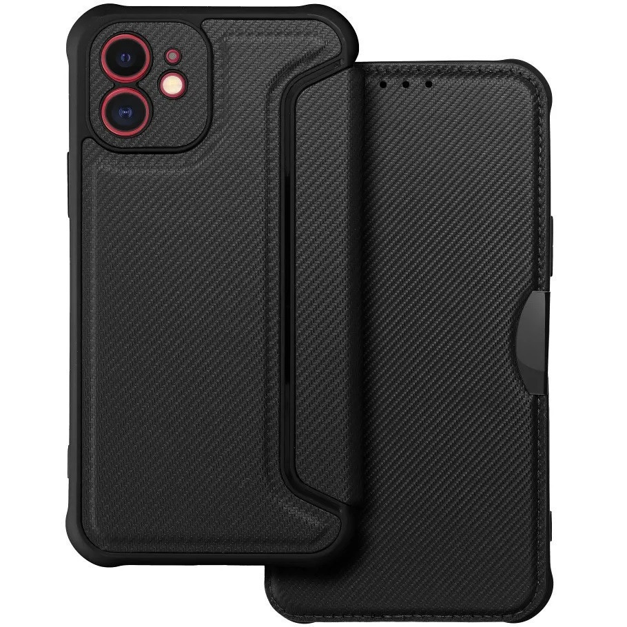 Samsung Galaxy S26 Ultra SM-S948, Oldalra nyíló tok, légpárnás sarok, bőrhatású, karbon minta, Razor Book, fekete