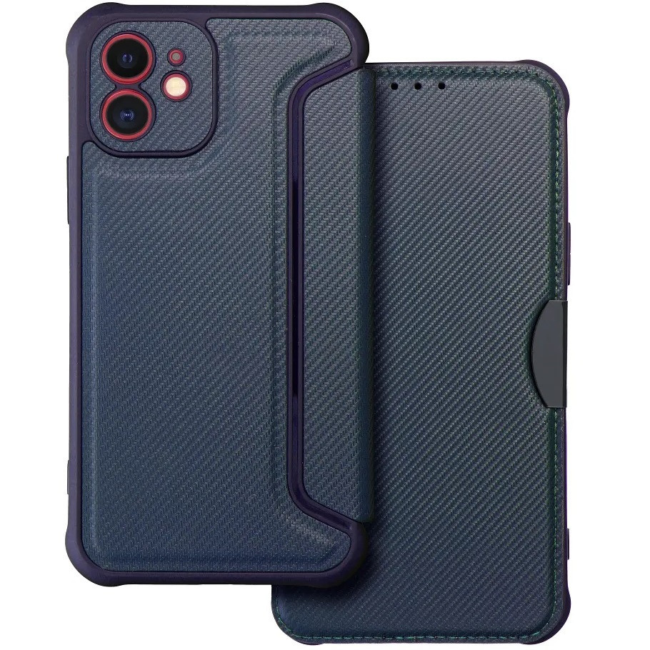 Samsung Galaxy S26 Ultra SM-S948, Oldalra nyíló tok, légpárnás sarok, bőrhatású, karbon minta, Razor Book, kék
