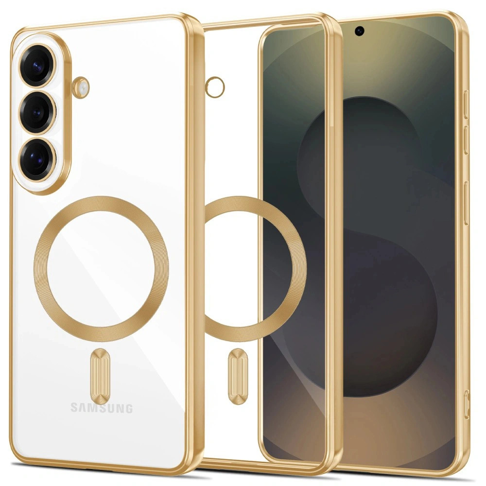 Samsung Galaxy S26 Plus SM-S947, Műanyag hátlap védőtok + szilikon keret, közepesen ütésálló, Magsafe töltővel kompatibilis, fényes keret, Magflex Magsafe, átlátszó/arany