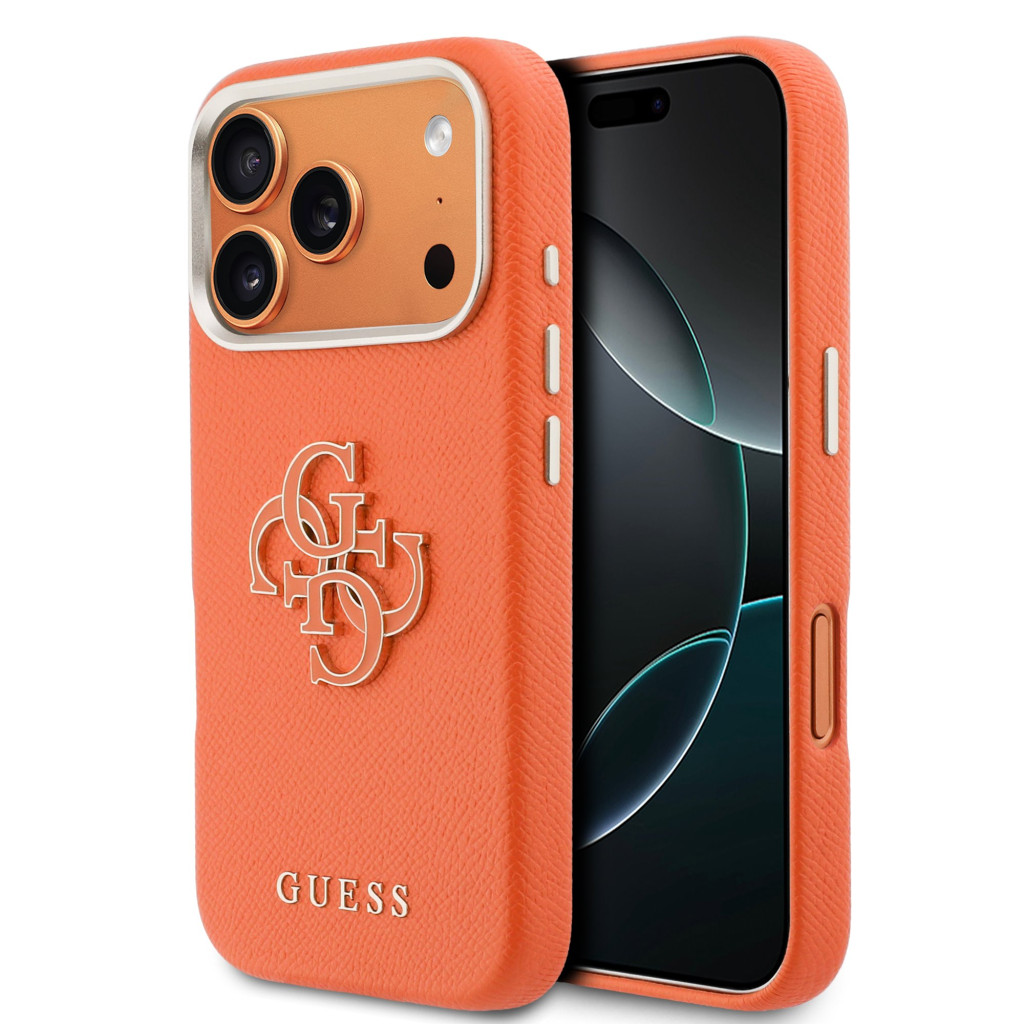 Guess PU Resin Logo Apple iPhone 17 Pro Max tok kameravédő peremmel, narancs-arany