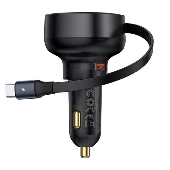 Baseus Enjoyment Pro autós gyorstöltő 60W, USB-A + USB-C automata behúzós kábel, fekete