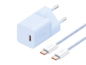 Baseus GaN5 Mini USB-C hálózati gyorstöltő adapter 30W, + USB-C-USB-C fonott kábel, 100W, kék
