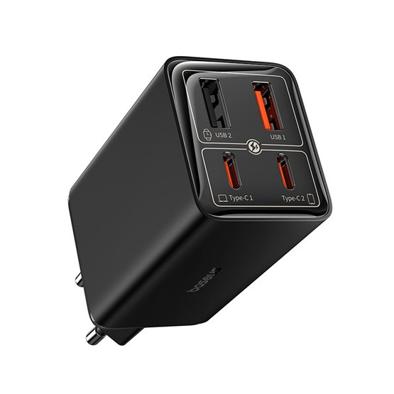 Baseus GaN6 Pro hálózati gyorstöltő 65W, 2×USB-C + 2×USB-A, + kábel 100W USB-C, 1m, fekete
