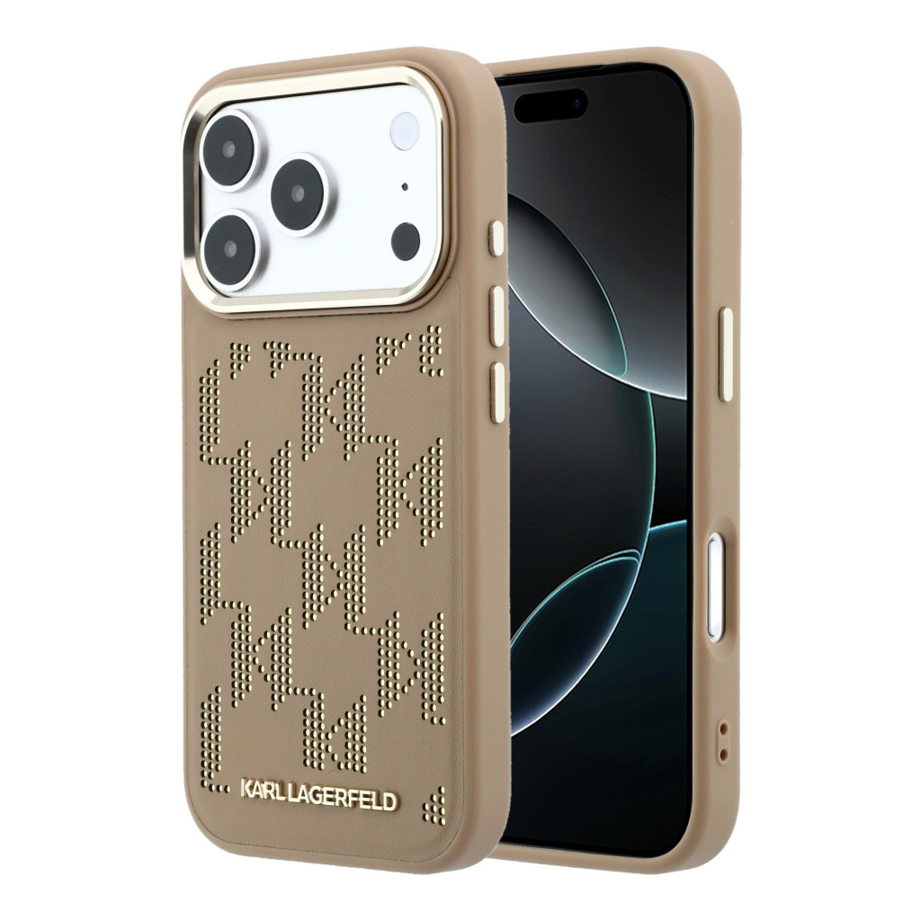 Karl Lagerfeld PU Perforated Monogram Apple iPhone 17 Pro Max mágneses tok, MagSafe, bézs-arany