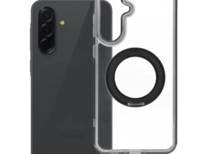 Samsung Galaxy A36 tok, gyűrűs kitámasztóval, kameravédő peremmel, MagSafe, átlátszó-fekete
