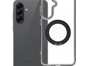 Samsung Galaxy A56 tok, gyűrűs kitámasztóval, kameravédő peremmel, MagSafe, átlátszó-fekete