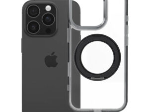 Apple iPhone 16 Pro tok, gyűrűs kitámasztóval, kameravédő peremmel, MagSafe, átlátszó-fekete