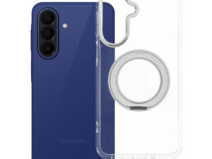 Samsung Galaxy A27 tok, gyűrűs kitámasztóval, kameravédő peremmel, MagSafe, átlátszó-fehér