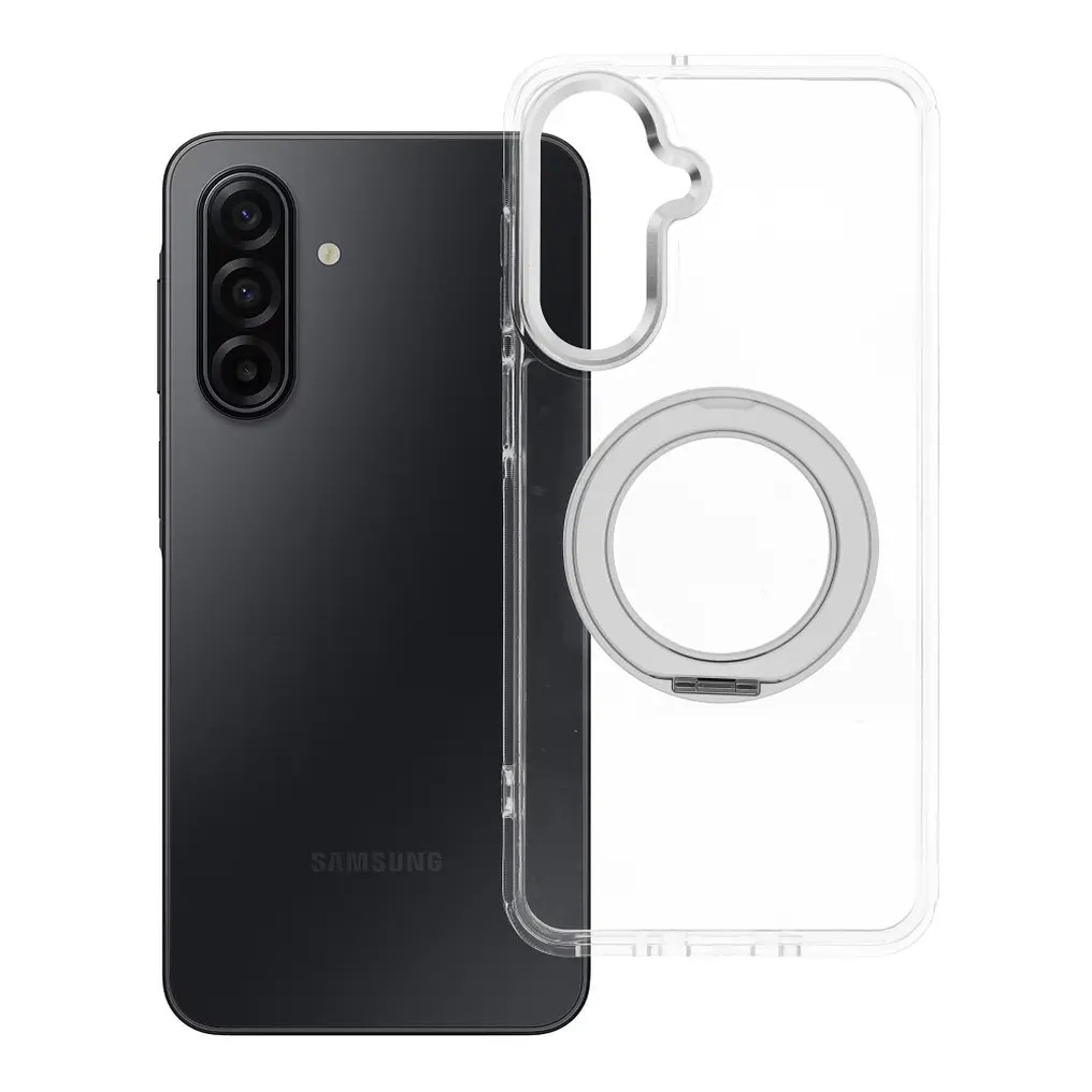 Samsung Galaxy A17 tok, gyűrűs kitámasztóval, kameravédő peremmel, MagSafe, átlátszó-fehér