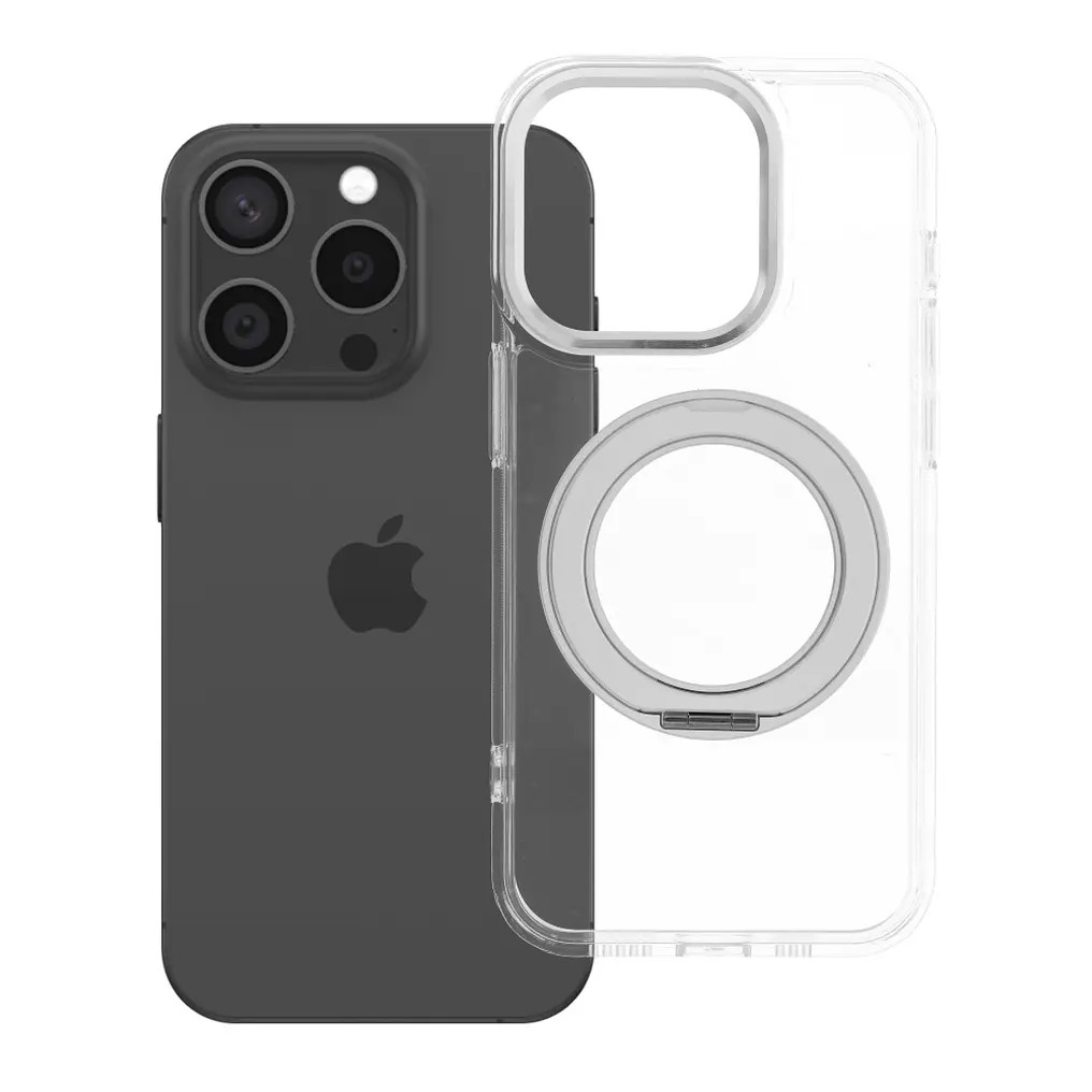 Apple iPhone 13 Pro tok, gyűrűs kitámasztóval, kameravédő peremmel, MagSafe, átlátszó-fehér