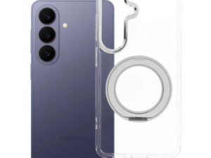 Samsung Galaxy S26 tok, gyűrűs kitámasztóval, kameravédő peremmel, MagSafe, átlátszó-fehér
