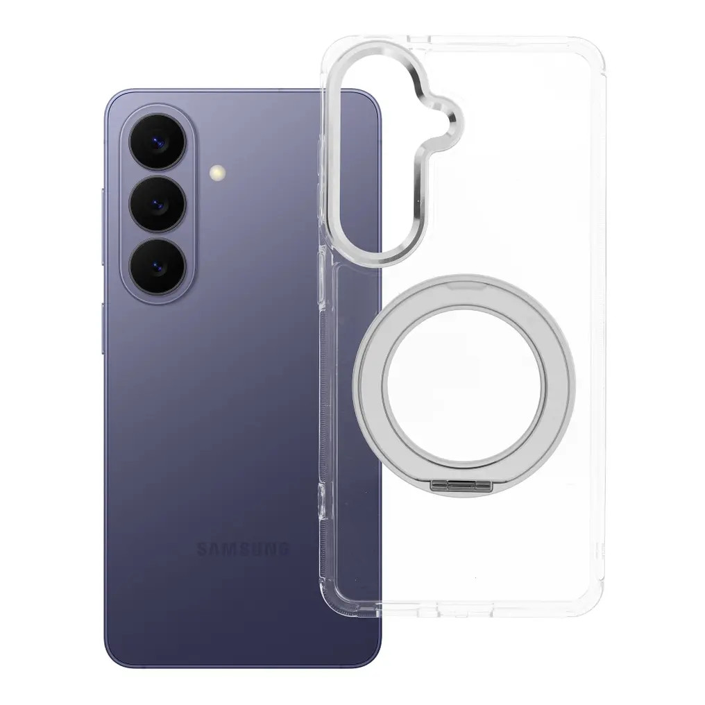 Samsung Galaxy S26 tok, gyűrűs kitámasztóval, kameravédő peremmel, MagSafe, átlátszó-fehér
