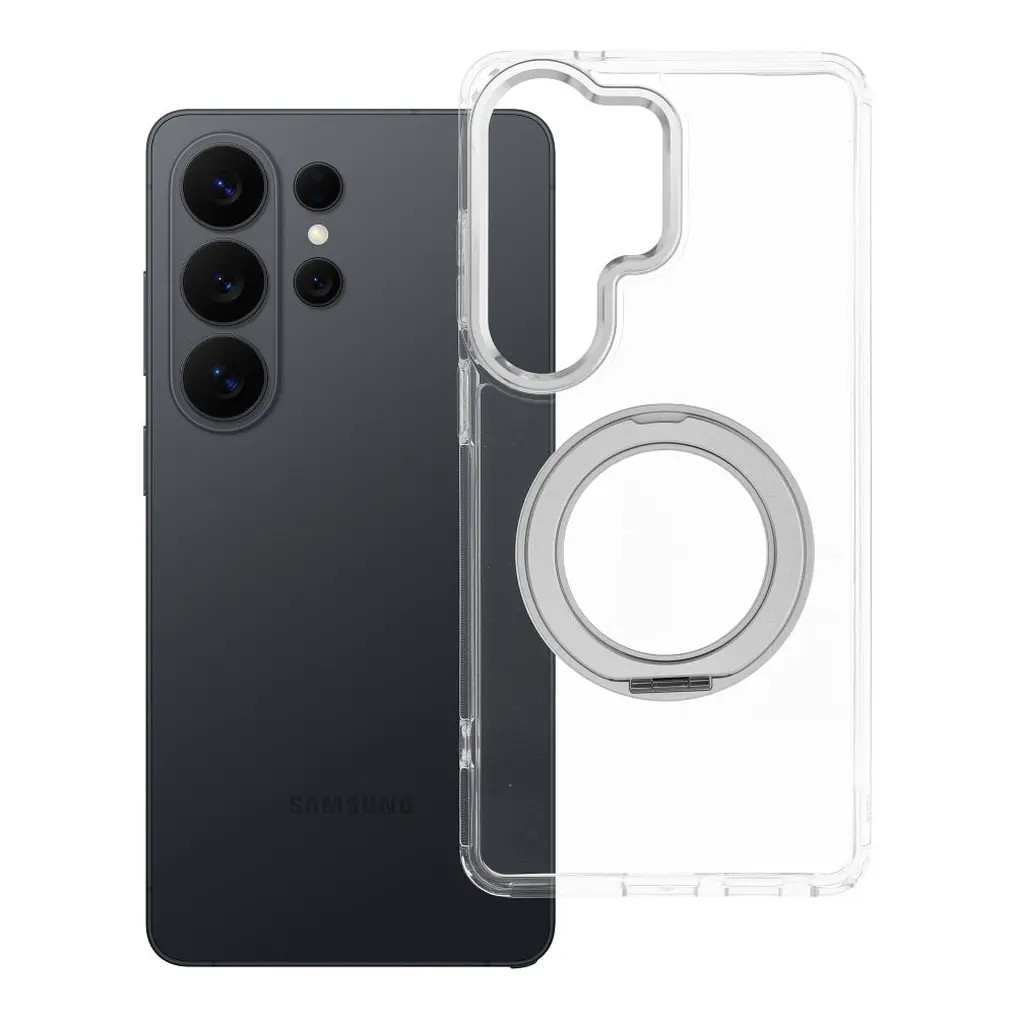 Samsung Galaxy S26 Ultra tok, gyűrűs kitámasztóval, kameravédő peremmel, MagSafe, átlátszó-fehér