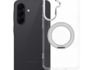 Samsung Galaxy A37 tok, gyűrűs kitámasztóval, kameravédő peremmel, MagSafe, átlátszó-fehér