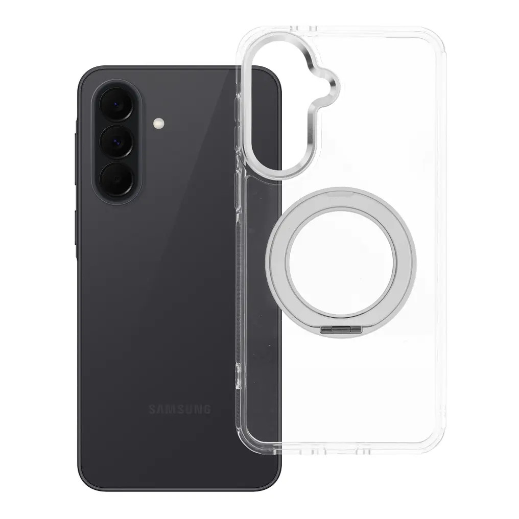Samsung Galaxy A37 tok, gyűrűs kitámasztóval, kameravédő peremmel, MagSafe, átlátszó-fehér