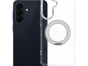 Samsung Galaxy A57 tok, gyűrűs kitámasztóval, kameravédő peremmel, MagSafe, átlátszó-fehér