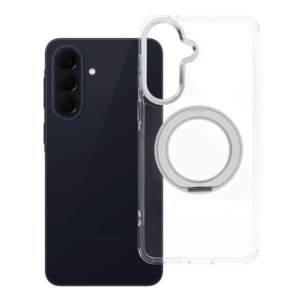 Samsung Galaxy A57 tok, gyűrűs kitámasztóval, kameravédő peremmel, MagSafe, átlátszó-fehér