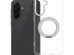 Samsung Galaxy A36 tok, gyűrűs kitámasztóval, kameravédő peremmel, MagSafe, átlátszó-fehér