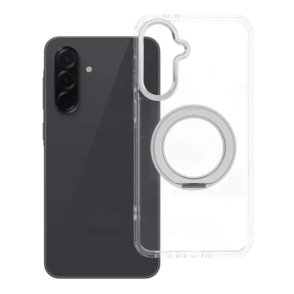 Samsung Galaxy A36 tok, gyűrűs kitámasztóval, kameravédő peremmel, MagSafe, átlátszó-fehér