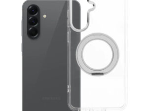 Samsung Galaxy A56 tok, gyűrűs kitámasztóval, kameravédő peremmel, MagSafe, átlátszó-fehér