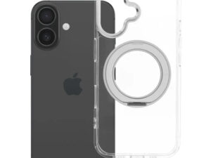 Apple iPhone 16 tok, gyűrűs kitámasztóval, kameravédő peremmel, MagSafe, átlátszó-fekete