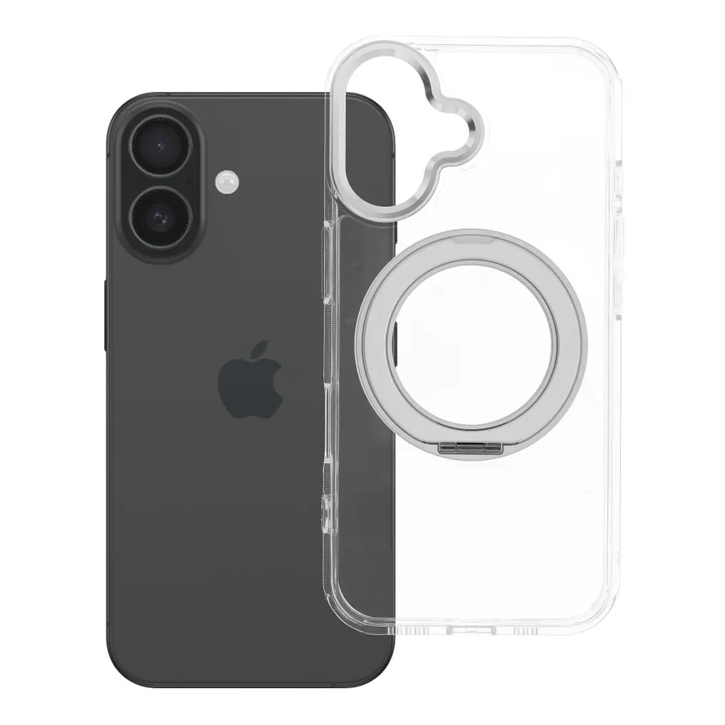 Apple iPhone 16 tok, gyűrűs kitámasztóval, kameravédő peremmel, MagSafe, átlátszó-fekete