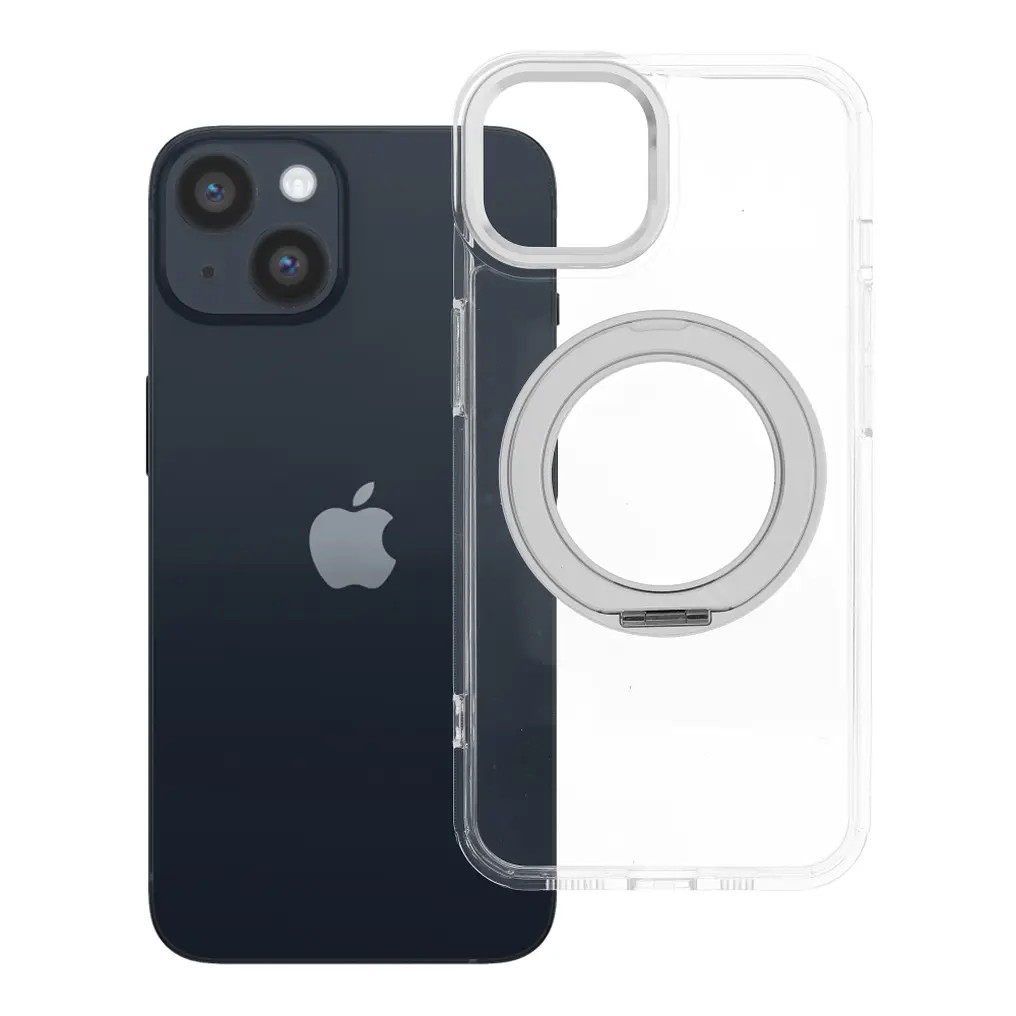 Apple iPhone 14 tok, gyűrűs kitámasztóval, kameravédő peremmel, MagSafe, átlátszó-fekete