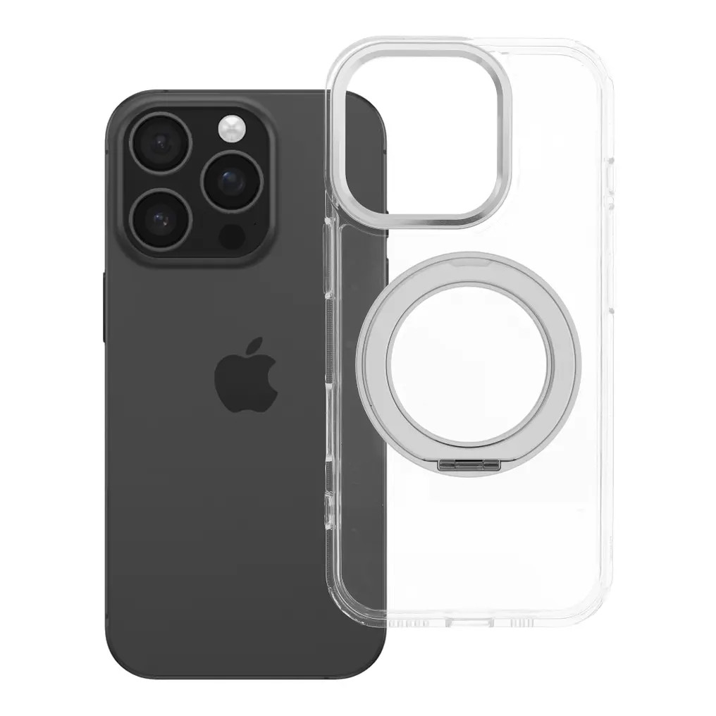 Apple iPhone 14 Pro tok, gyűrűs kitámasztóval, kameravédő peremmel, MagSafe, átlátszó-fekete