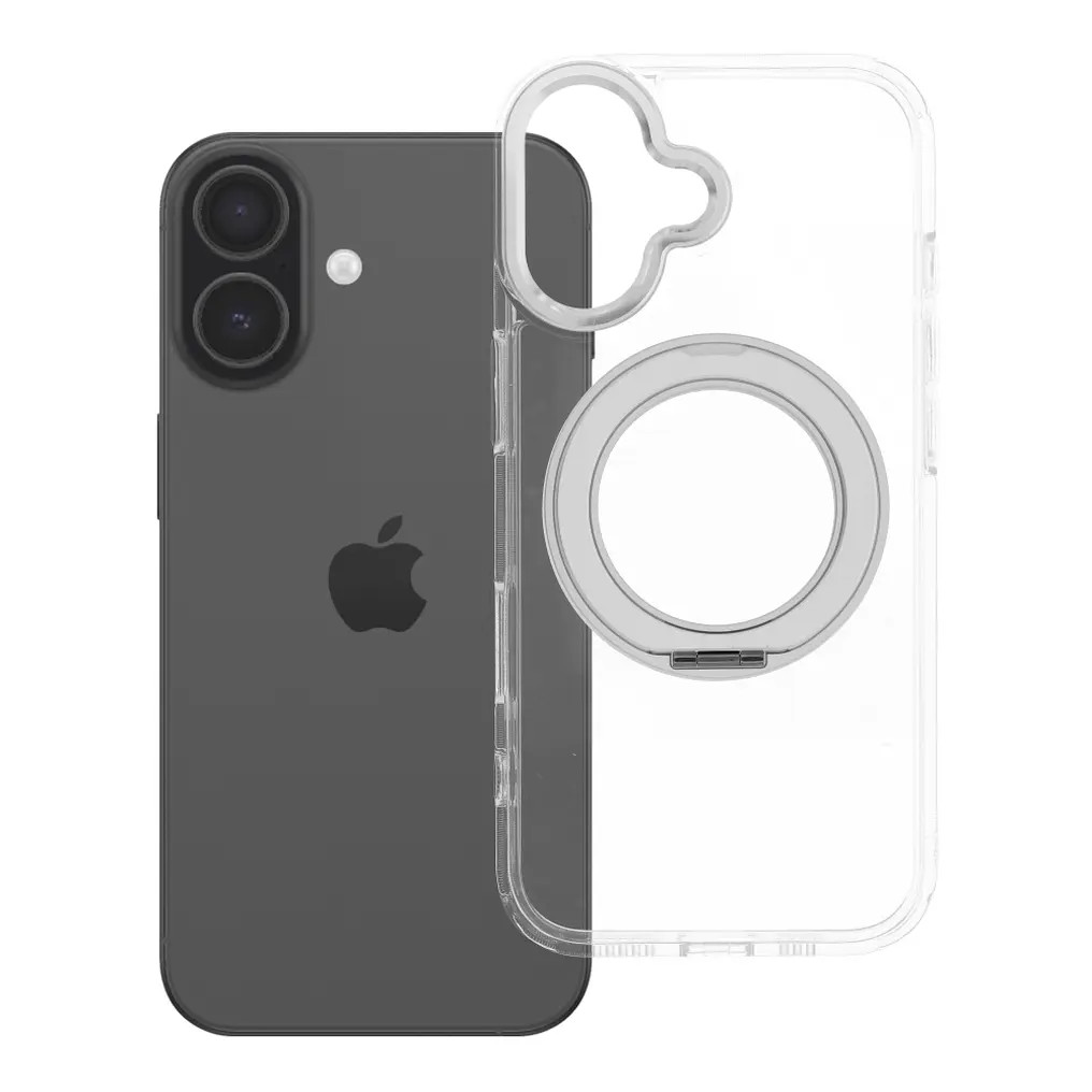 Apple iPhone 17 tok, gyűrűs kitámasztóval, kameravédő peremmel, MagSafe, átlátszó-fekete