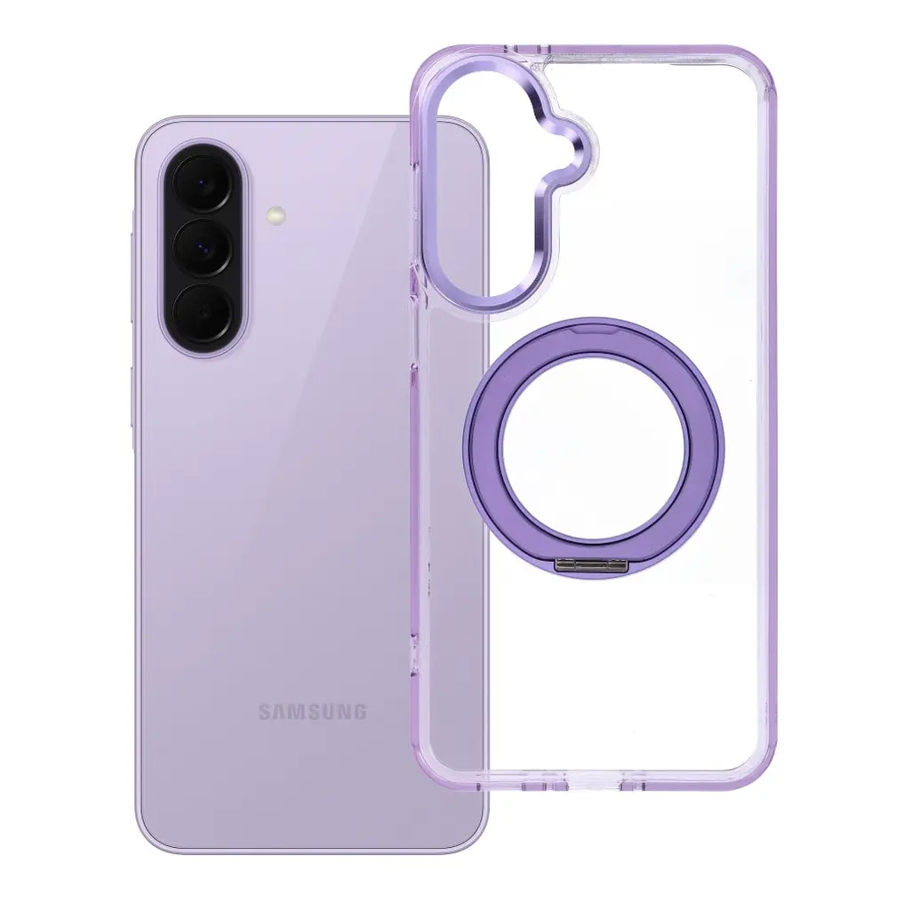 Samsung Galaxy A37 tok, gyűrűs kitámasztóval, kameravédő peremmel, MagSafe, átlátszó-lila