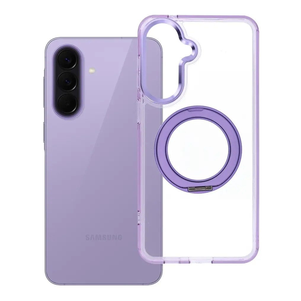 Samsung Galaxy A57 tok, gyűrűs kitámasztóval, kameravédő peremmel, MagSafe, átlátszó-lila