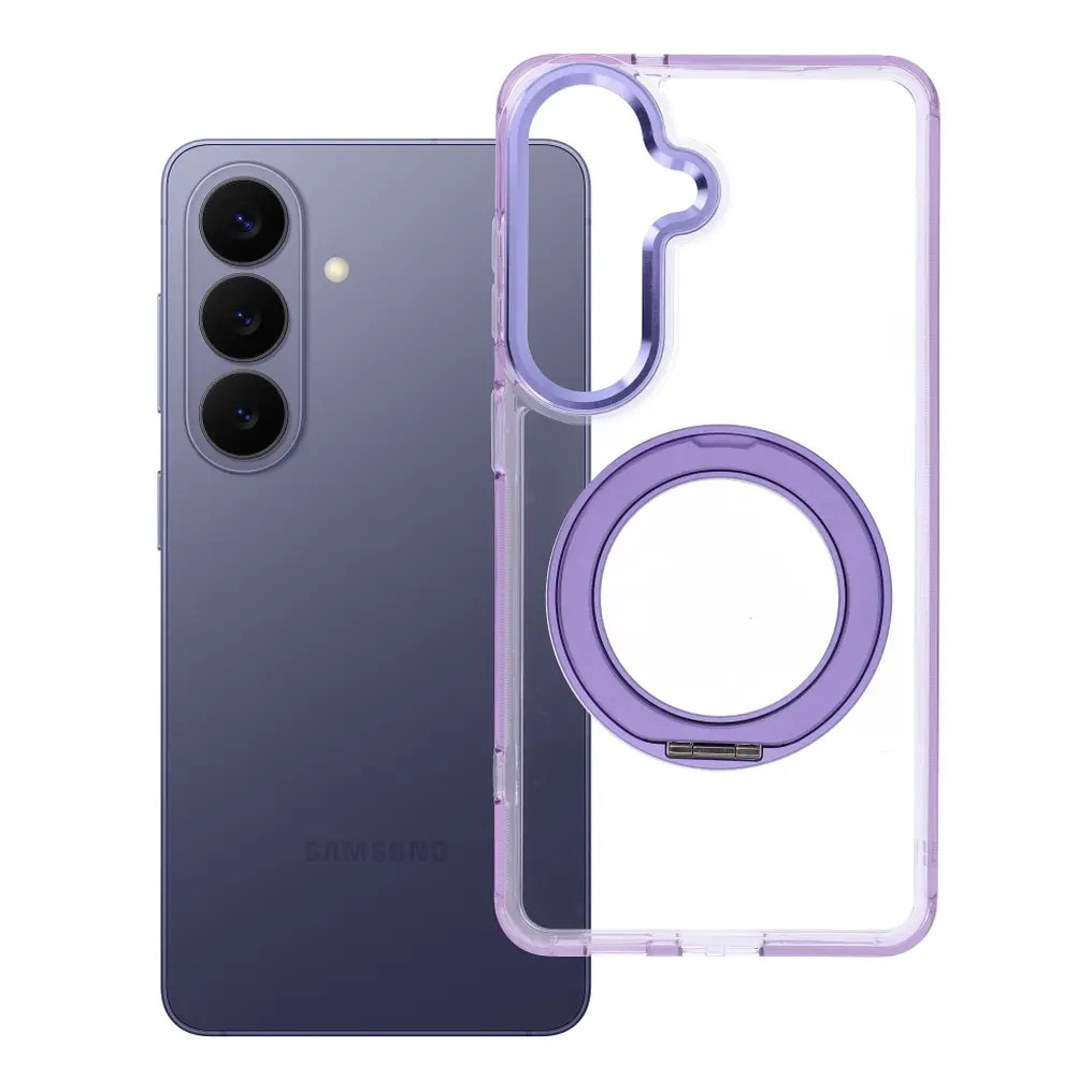 Samsung Galaxy S26 tok, gyűrűs kitámasztóval, kameravédő peremmel, MagSafe, átlátszó-lila