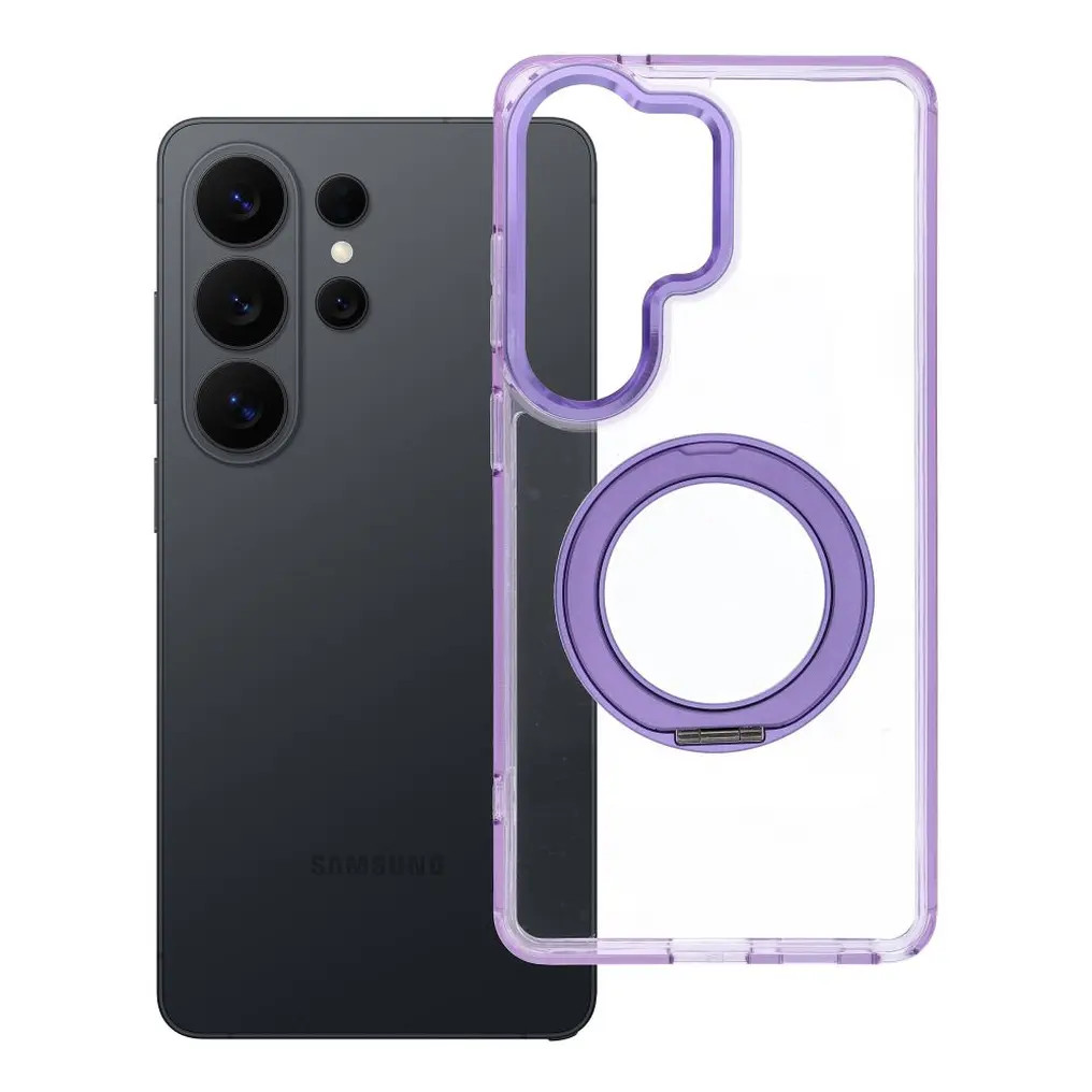 Samsung Galaxy S26 Ultra tok, gyűrűs kitámasztóval, kameravédő peremmel, MagSafe, átlátszó-lila