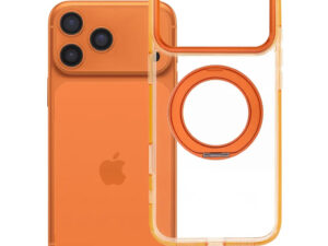 Apple iPhone 17 Pro Max tok, gyűrűs kitámasztóval, kameravédő peremmel, MagSafe, átlátszó-narancs