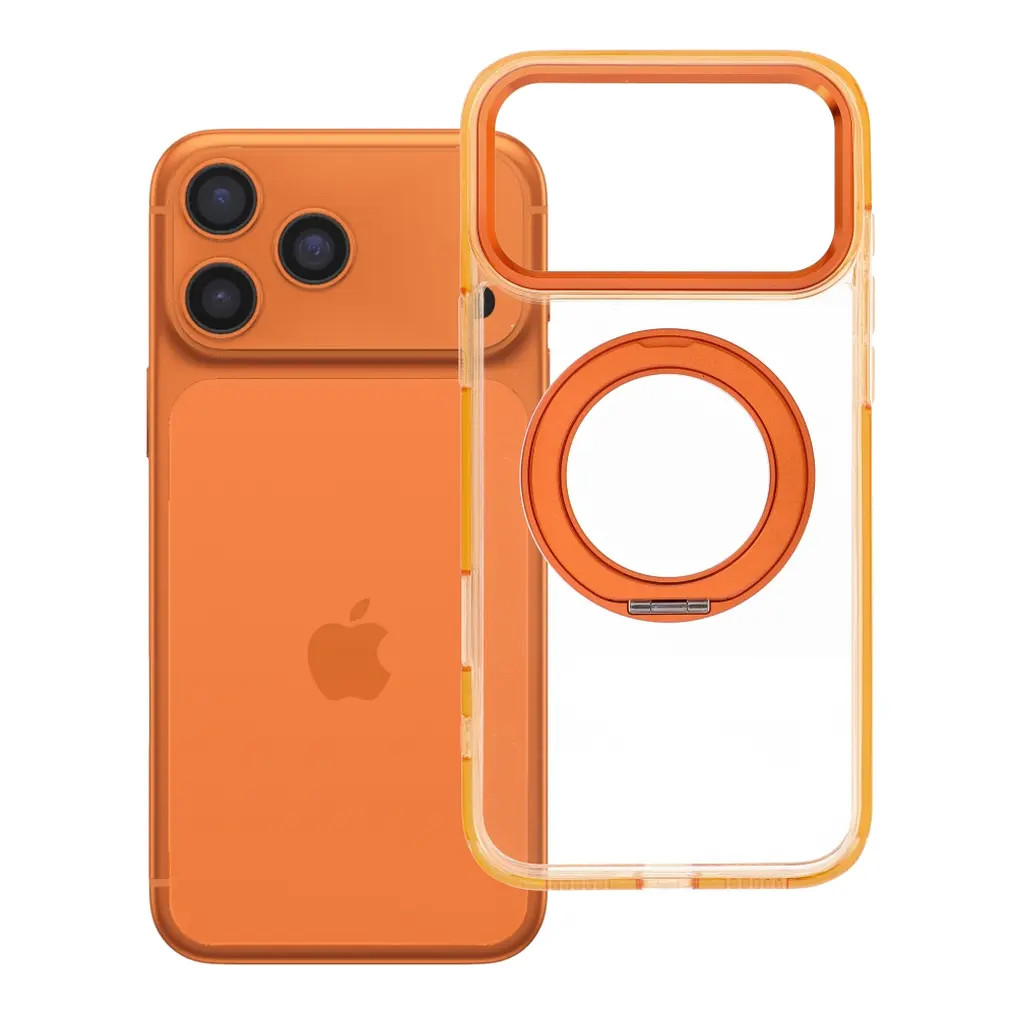 Apple iPhone 17 Pro Max tok, gyűrűs kitámasztóval, kameravédő peremmel, MagSafe, átlátszó-narancs