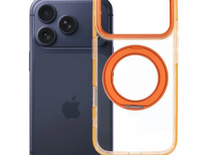 Apple iPhone 17 Pro tok, gyűrűs kitámasztóval, kameravédő peremmel, MagSafe, átlátszó-narancs