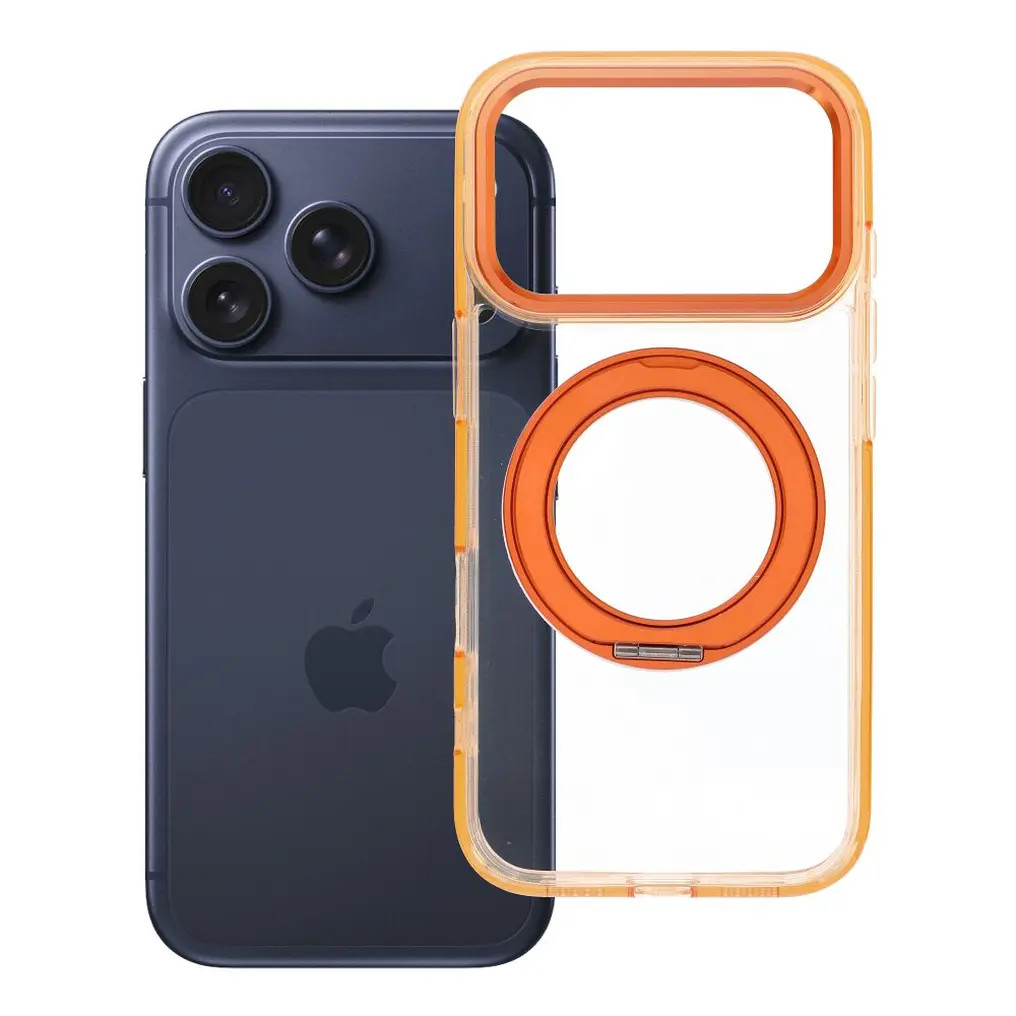 Apple iPhone 17 Pro tok, gyűrűs kitámasztóval, kameravédő peremmel, MagSafe, átlátszó-narancs