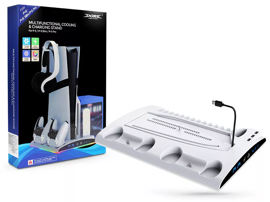 DOBE TP5-3570 PS5/PS5 Slim Multifunkciós ventilátoros LED állvány + headset tartó