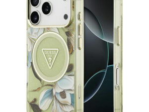 Guess IML Glitter Flowers Triangle Apple iPhone 17 Pro Max csillámos hátlap tok kameravédő peremmel, MagSafe, zöld-arany