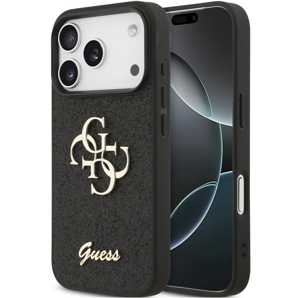 Guess PU Fixed Glitter 4G Metal Logo Apple iPhone 18 Pro Max hátlap tok, fekete