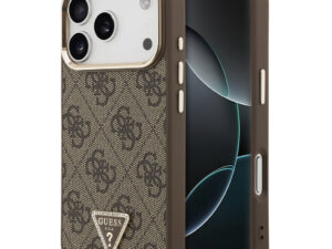 Guess PU Leather 4G Strass Triangle Logo Gold Frame Apple iPhone 18 Pro Max MagSafe hátlap tok, barna